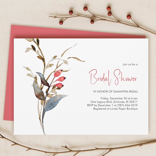 Eleganta bröllopsfestteman för hösten inbjudningar (Fall bridal shower theme features a flat lay of invitations with elegant botanicals on a white card)