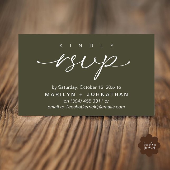 Eleganta bröllopsinbjudningar RSVP via telefon ell Tilläggskort (Elegant Wedding Invites RSVP via Phone or Email Card in olive green)