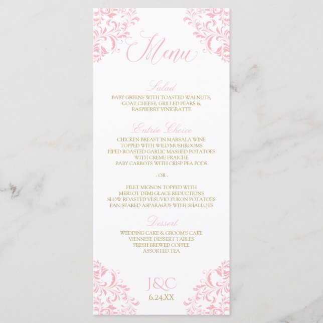 Eleganta bröllopsmenyer | Nadine (rosa & guld) Meny (Framsida)