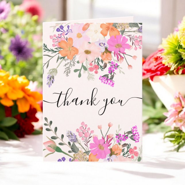 Eleganta bröllopsvilda blommor pastell vår dusch tack kort (Elegant Bridal wild flowers pastel spring shower Thank You Card)