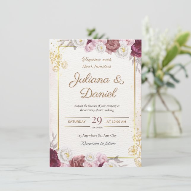 Eleganta burgunder &blush blomsterbröllopsinbjudni inbjudningar (Stående Fram)