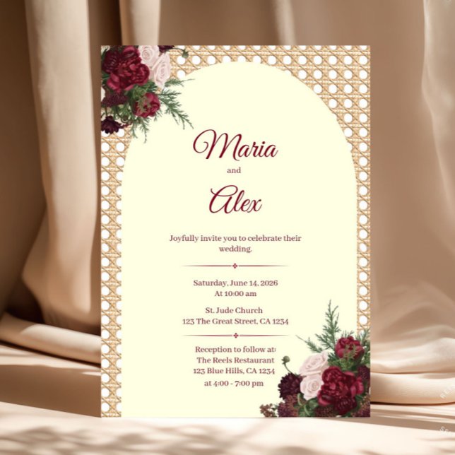 Eleganta burgunderblommor och korgflätningskant br inbjudningar (Burgundy and Ivory Wedding Invitation)