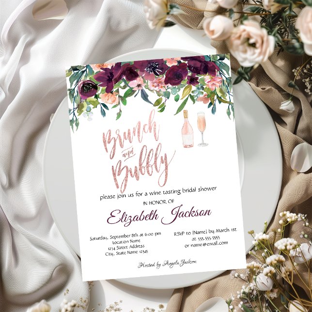 Eleganta burgunderfärgade blommor Brunch Bröllopsd Inbjudningar (Skapare uppladdad)