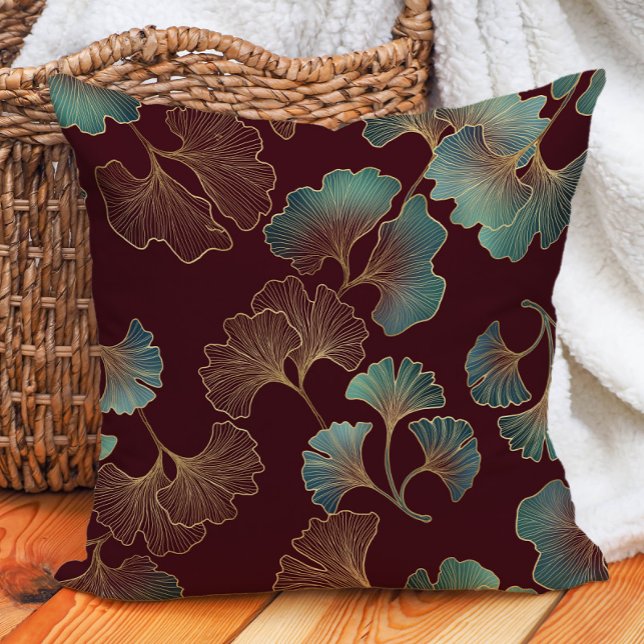 Eleganta burgunderfärgade teal guld Ginko blad  Kudde (Elegant burgundy/wine, teal, and gold ginko decorator pillow)