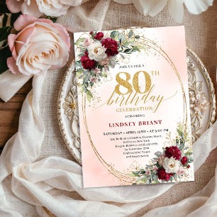 Eleganta burgunderröda blommor 80-års födelsedagsi inbjudningar