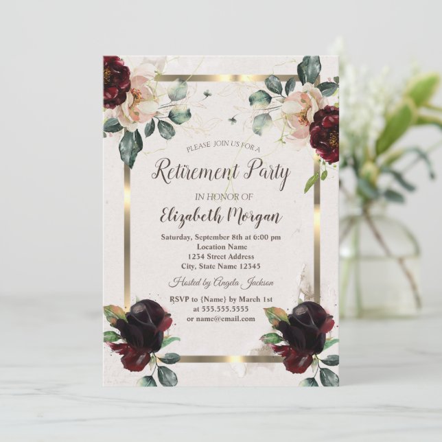 Eleganta burgunderröda blommor guld ram pensionärs inbjudningar (Stående Fram)