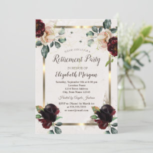 Eleganta burgunderröda blommor guld ram pensionärs inbjudningar
