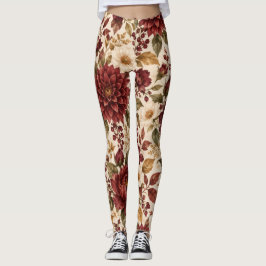 Eleganta burgunderröda höstblommiga leggings