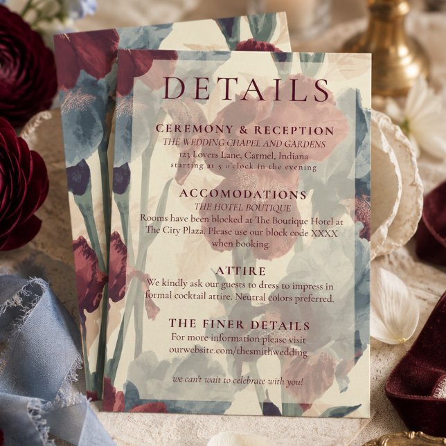 Eleganta burgunderröda och dammiga blå bröllopsdet tilläggskort (Elegant Burgundy and Dusty Blue Wedding Details Enclosure Card)