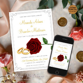 Eleganta Burgunderröda Rosor och Ringar Bröllop Inbjudningar