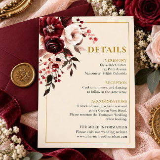 Eleganta Burgundy Blush Blommiga Guld Bröllopsdeta Tilläggskort