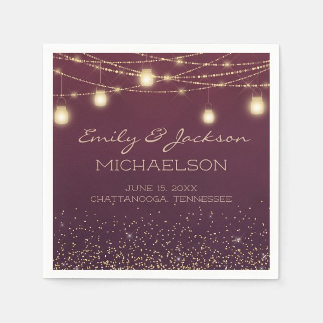 Eleganta Burgundy Guld Strängljus Lyktor Pappersservett (Framsidan)