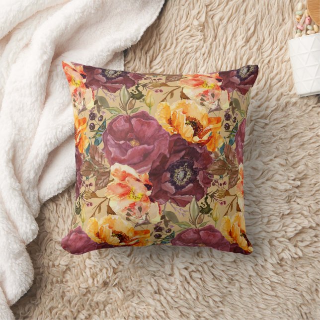 Eleganta Burgundy Orange Höstblommor  Kudde (Filt)