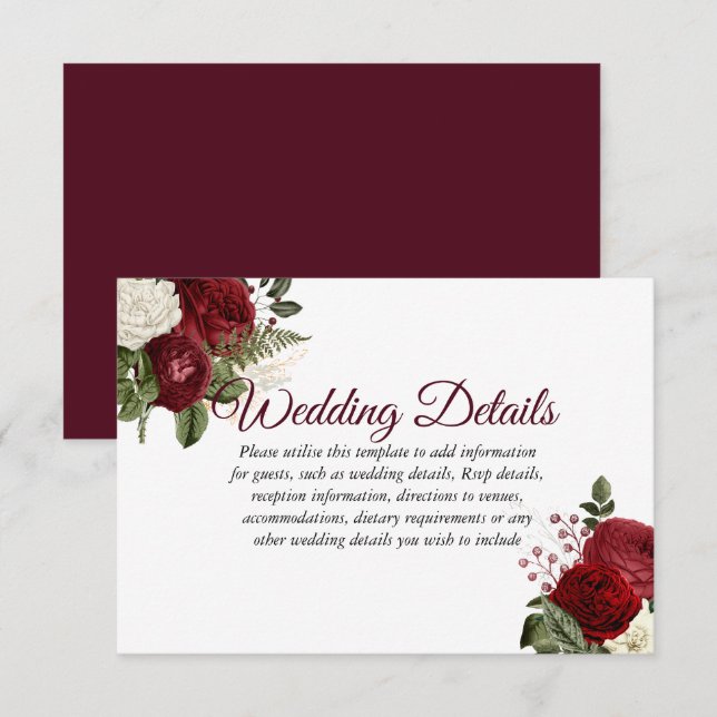 Eleganta Burgundy Röda Vita Blommiga Bröllopsdetal Inbjudningar (Fram/baksida)