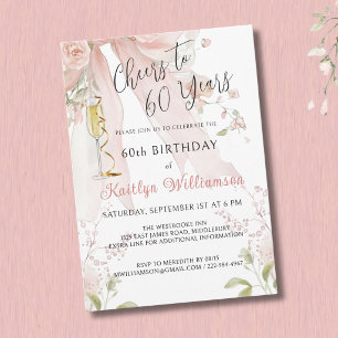 Eleganta Cheers till 60 år Pink Bow Floral   Inbjudningar