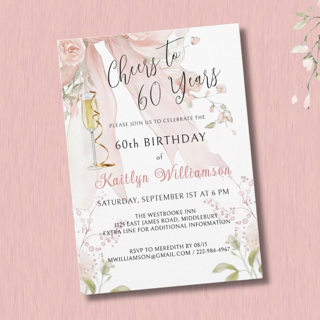 Eleganta Cheers till 60 år Pink Bow Floral   Inbjudningar (Skapare uppladdad)