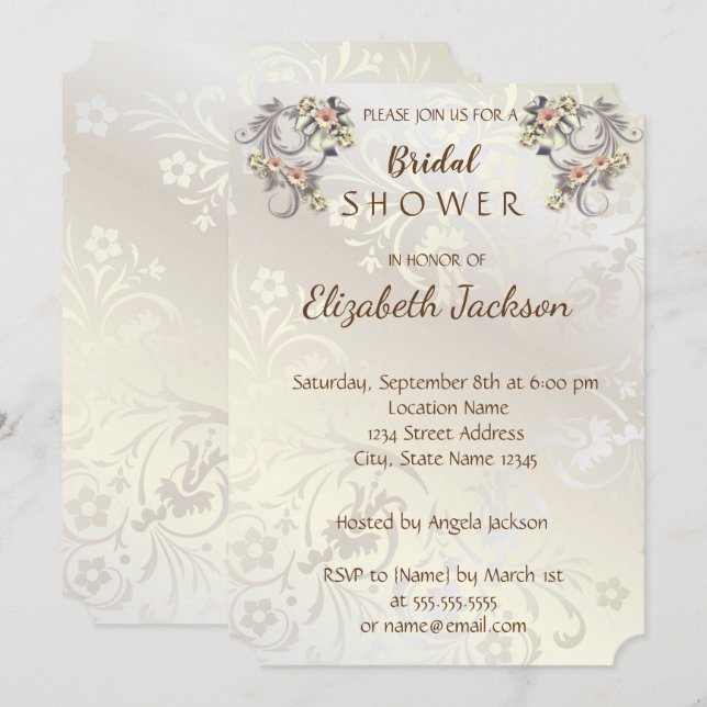 Eleganta Chic Blommor Damask Bröllopsfest Inbjudningar (Fram/baksida)