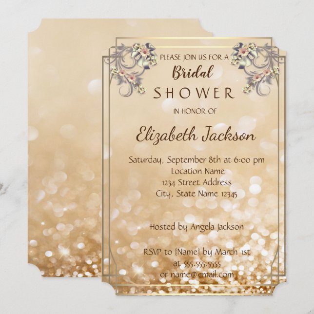 Eleganta Chic Blommor Glittrande Bokeh  Bröllopsdu Inbjudningar (Fram/baksida)