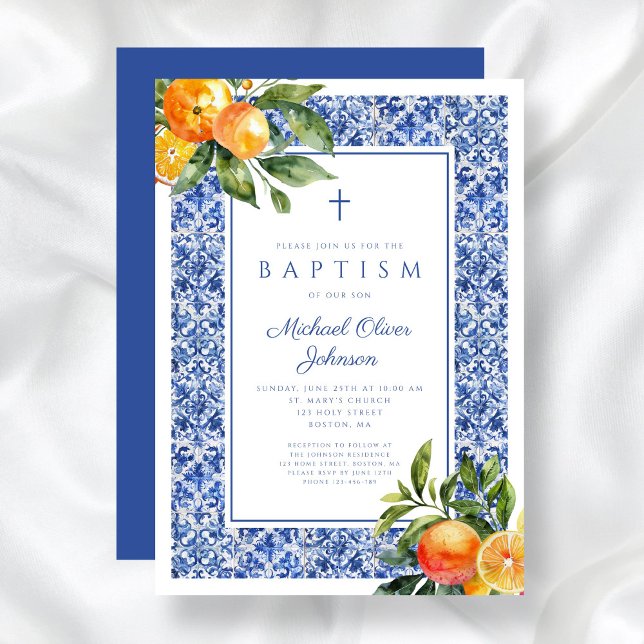 Eleganta Citrus Blå Kakel Religiös Pojke Dop Inbjudningar (Elegant Citrus Blue Tiles Religious Boy Baptism Invitation)
