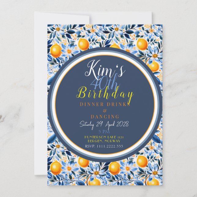 Eleganta Citrus-tema Plattor Med Blå Inbjudan (Framsida)