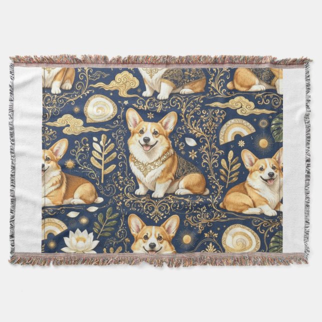 Eleganta Corgi Hundar Guld Damask Mörkblått Mönste Filt (Framsidan)