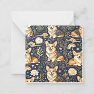 Eleganta Corgi-hundar Guld Damaskus Navyblått Möns Anteckningskort
