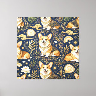 Eleganta Corgi-hundar Guld Damaskus Navyblått Möns Canvastryck