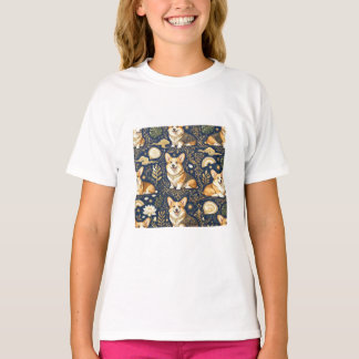 Eleganta Corgi Hundar Guld Damast Marinblå Mönster T Shirt