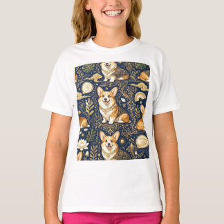Eleganta Corgi Hundar Guld Damast Marinblå Mönster T Shirt