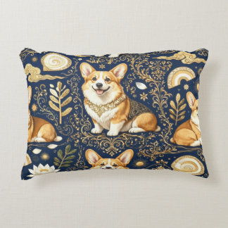 Eleganta Corgi Hundar Guld Damast Marinblå Prydnadskudde