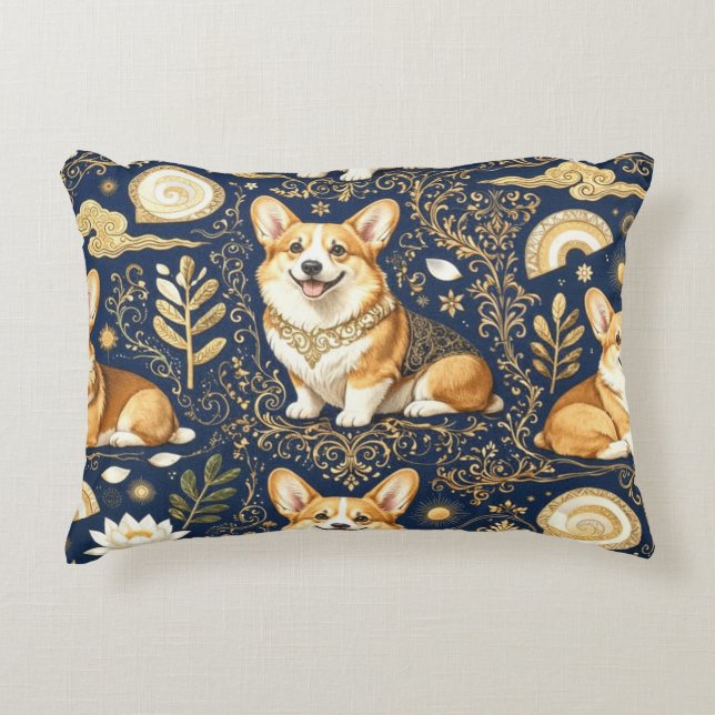 Eleganta Corgi Hundar Guld Damast Marinblå  Prydnadskudde (Framsidan)