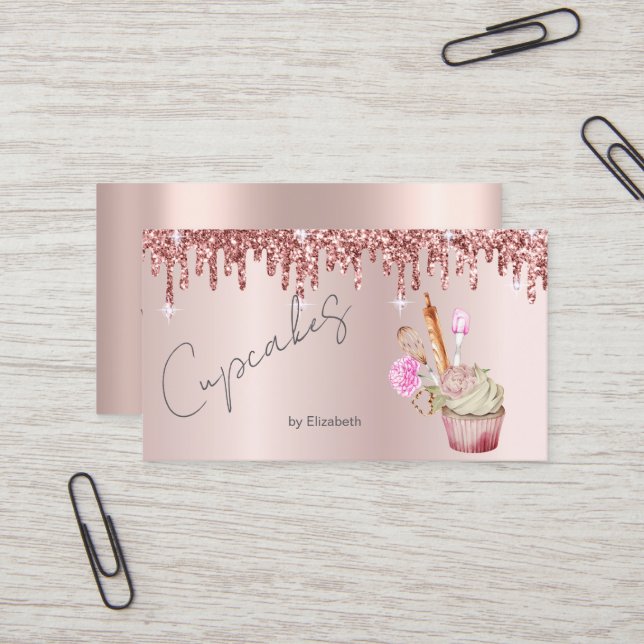 Eleganta cupcake-bakverktyg Rose Gold-dropar Visitkort (Fram/Back In Situ)