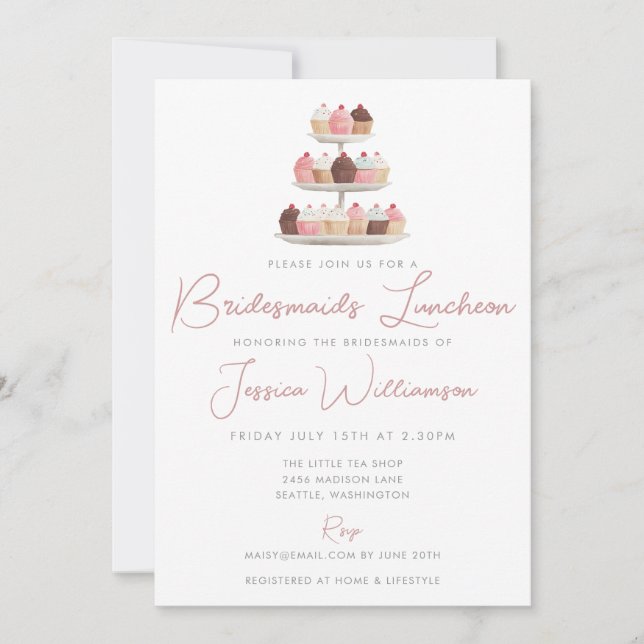 Eleganta Cupcakes Watercolor Brudtärna Lunchen Inbjudningar (Framsida)