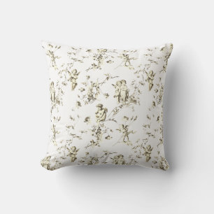 Eleganta Cupid Änglar Beige Vit Blommig Toile Kudde