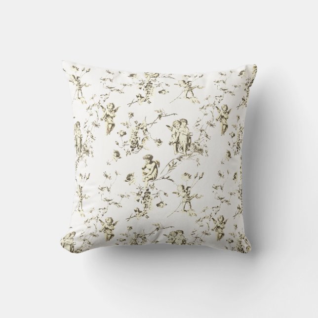 Eleganta Cupid Änglar Beige Vit Blommig Toile Kudde (Framsida)