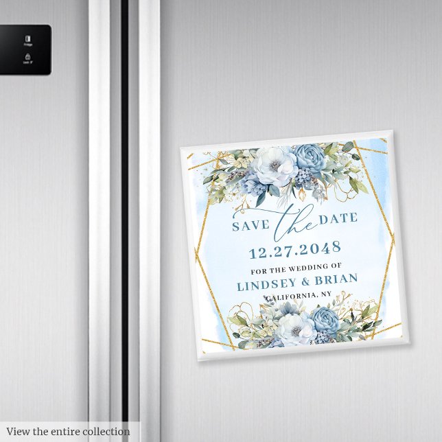 Eleganta dammblå kransar förvarnar det stora datum magnet (Sophisticated Dusty Blue Peonies Save the Date)