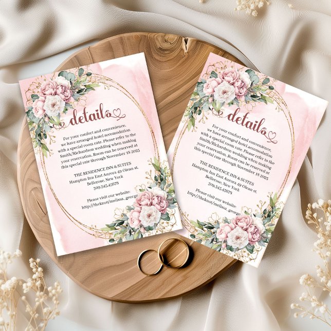 Eleganta dammgröna rosa blommor Eukalyptus Bröllop Tilläggskort (Chic Dusty Pink Flowers Eucalyptus Wedding Details Card

)