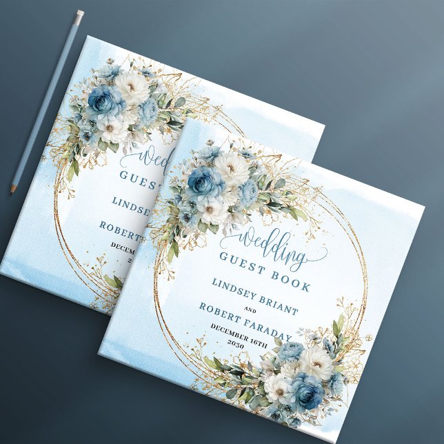 Eleganta dammiga blå blommor Guld Bröllop Gästbok (Elegant Dusty Blue Flowers Gold Wedding Guest Book)