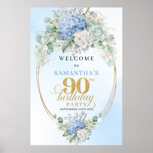 Eleganta dammiga blå hortensior 90 Födelsedagsfira Poster