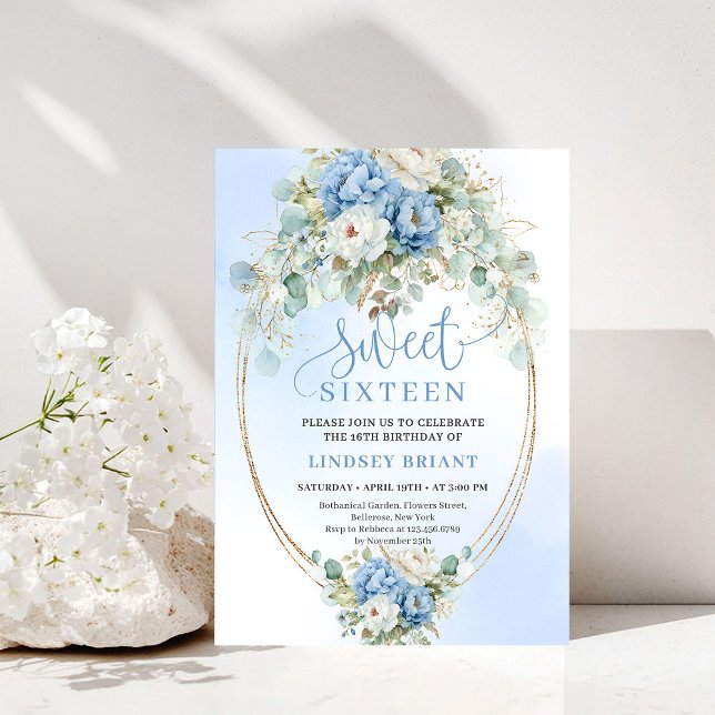 Eleganta dammiga blå peonier Guld Boho Sweet Sixte Inbjudningar (Elegant Dusty Blue Peonies Gold Boho Sweet Sixteen Invitation)