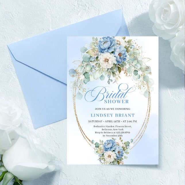 Eleganta dammiga blå peonior Grönska Bröllopsinbju Inbjudningar (Graceful Dusty Blue Peonies Greenery Bridal Invitation)