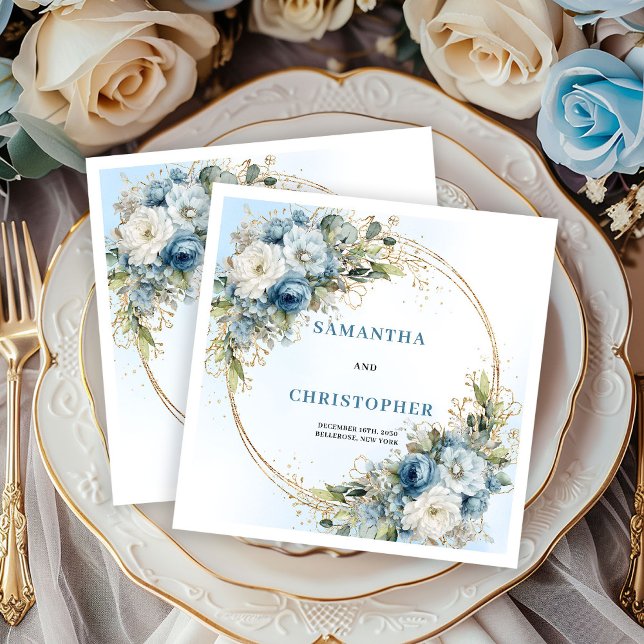 Eleganta dammiga blå peony bröllopsservetter guld pappersservett (Classy Dusty Blue Peony Wedding Napkins Gold)