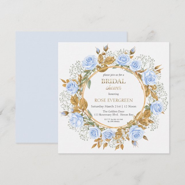 Eleganta dammiga blå rosor och baby’s breath inbjudningar (Fram/baksida)