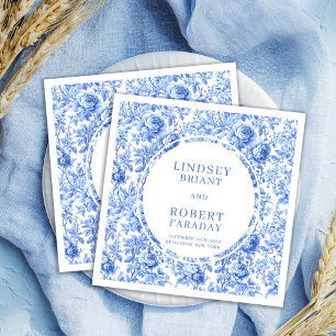 Eleganta dammiga blå Toile Rosor Bröllopsservetter Pappersservett
