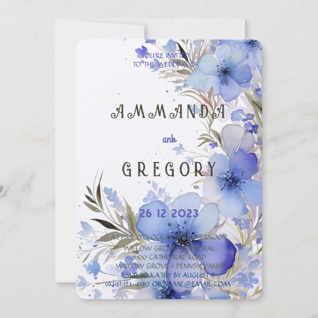 Eleganta dammiga blå vildblommor inbjudningar (Framsida)