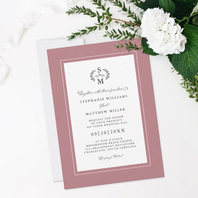Eleganta dammiga ros initialer kalligrafi bröllop inbjudningar (Elegant Dusty Rose Initials Calligraphy Wedding Invitation)