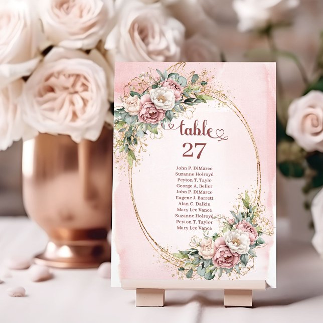 Eleganta dammiga rosa blommor Eukalyptus Bordnumme Bordsnummer (Elegant Dusty Pink Flowers Eucalyptus Table Numbers)
