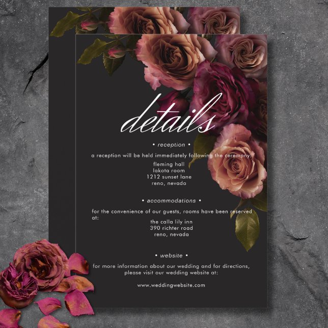 Eleganta dämpade roströda och vinröda blomdetails tilläggskort (Elegant Moody Muted Rust & Burgundy Floral Details Enclosure Card)