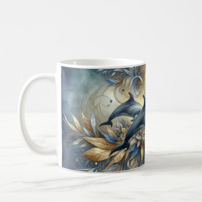 Eleganta delfiner med gyllene blomvågor kaffemugg (Vänster)