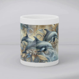 Eleganta delfiner med gyllene blomvågor kaffemugg
